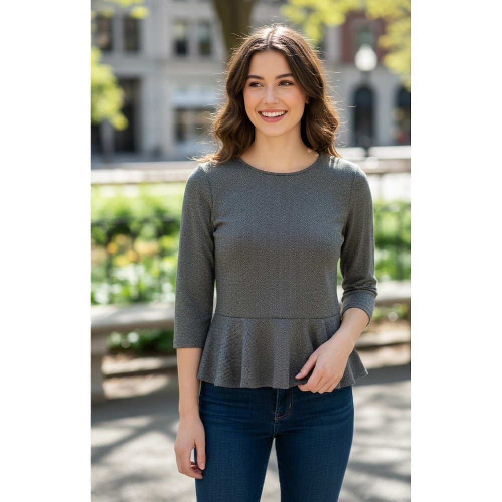 Lauren Ralph Lauren Peplum Top Womens Medium Gray Knit Herringbone Keyhole Back‎
